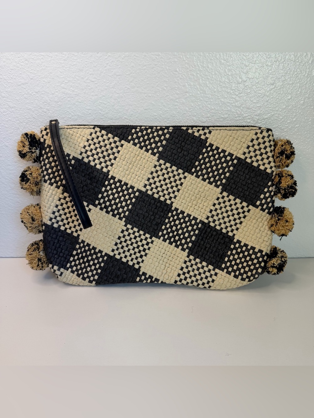 A New Day Black Ivory Check Straw Wristlet Bag